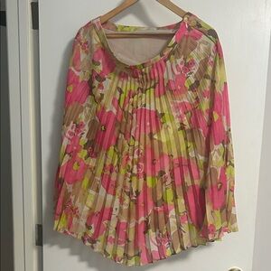 LOFT Pink Floral Pleated Blouse with Lime Accents